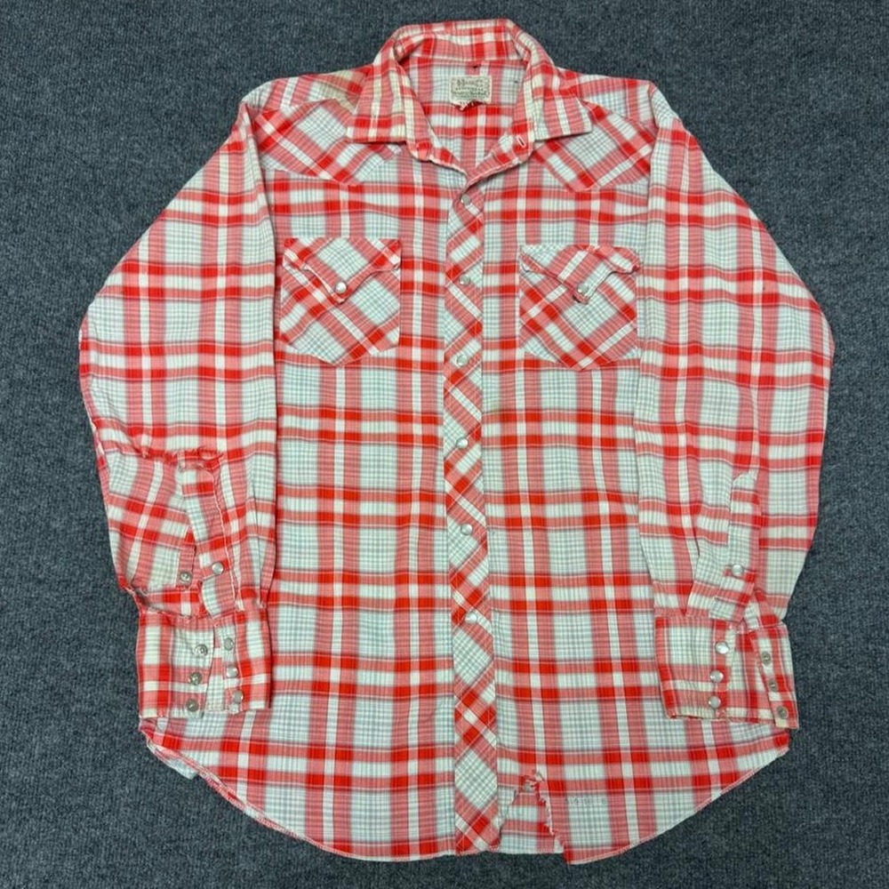 Vintage 70s H Bar C Red Plaid Pearl Snap Western Shirt Dan River Mens M Distress